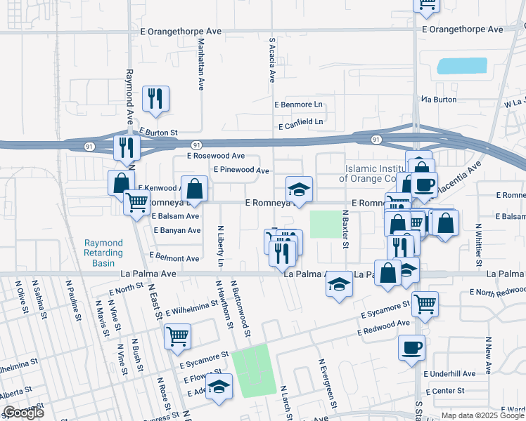 map of restaurants, bars, coffee shops, grocery stores, and more near 1140 North Louise Drive in Anaheim