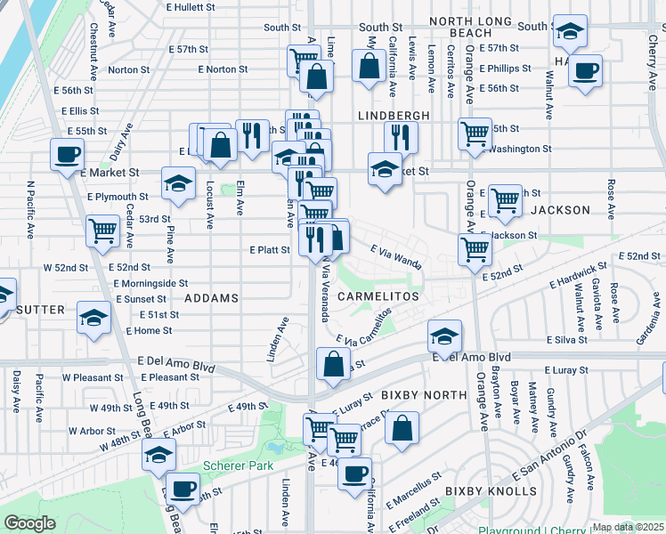 map of restaurants, bars, coffee shops, grocery stores, and more near 5178 North Via Veranada in Long Beach