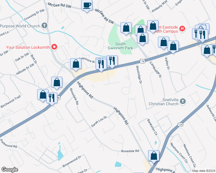 map of restaurants, bars, coffee shops, grocery stores, and more near 3092 Destin Circle in Snellville