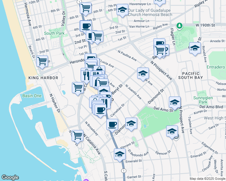 map of restaurants, bars, coffee shops, grocery stores, and more near 619 Beryl Street in Redondo Beach