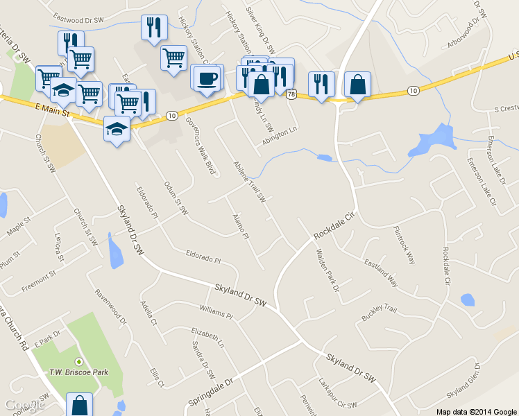 map of restaurants, bars, coffee shops, grocery stores, and more near 2767 Abilene Trail Southwest in Snellville
