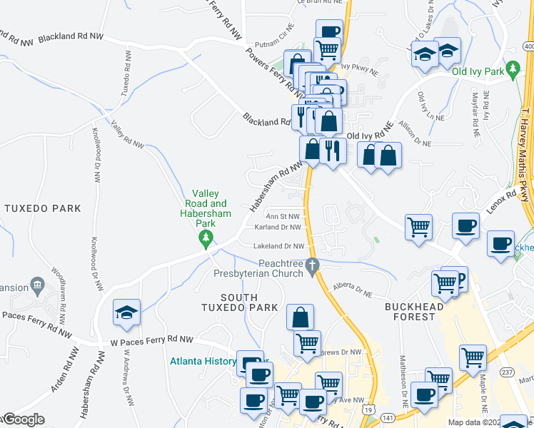 map of restaurants, bars, coffee shops, grocery stores, and more near 91 Karland Drive Northwest in Atlanta