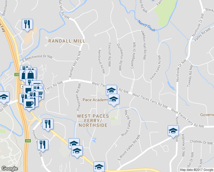 map of restaurants, bars, coffee shops, grocery stores, and more near 976 West Paces Ferry Road Northwest in Atlanta