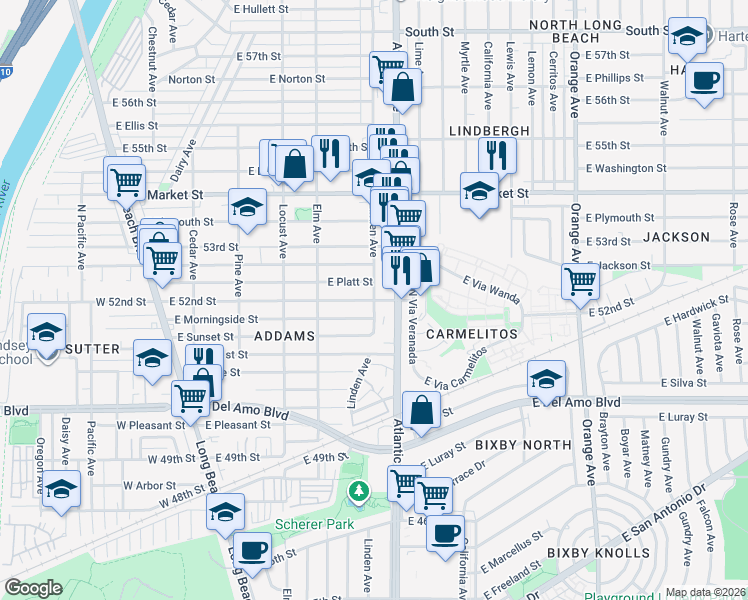 map of restaurants, bars, coffee shops, grocery stores, and more near 480 East 52nd Street in Long Beach