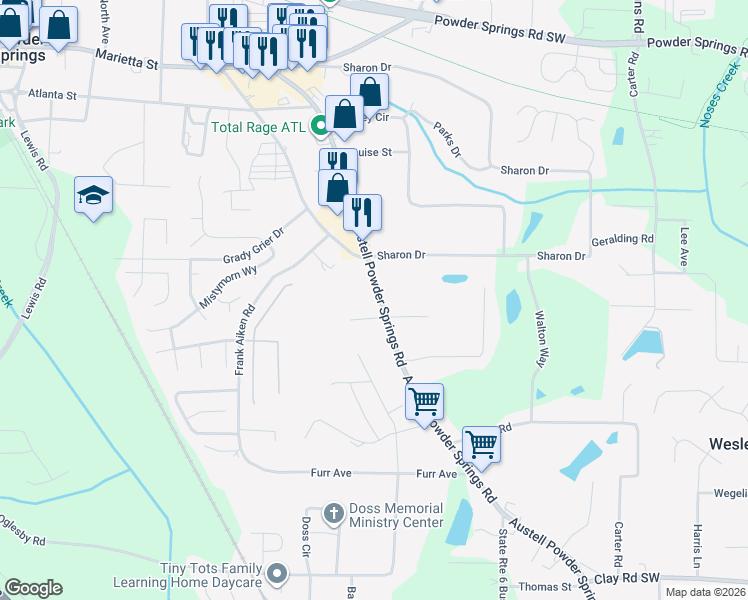 map of restaurants, bars, coffee shops, grocery stores, and more near 4294 Austell Powder Springs Road Southwest in Powder Springs