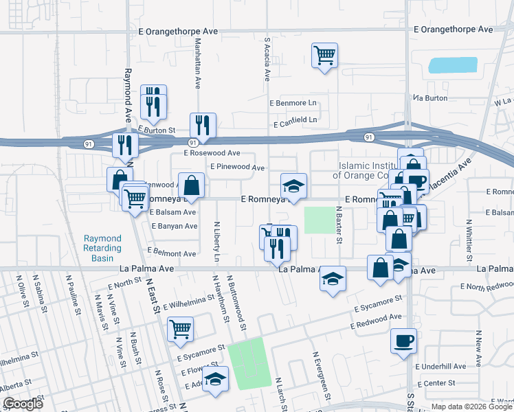 map of restaurants, bars, coffee shops, grocery stores, and more near 1140 North Louise Drive in Anaheim