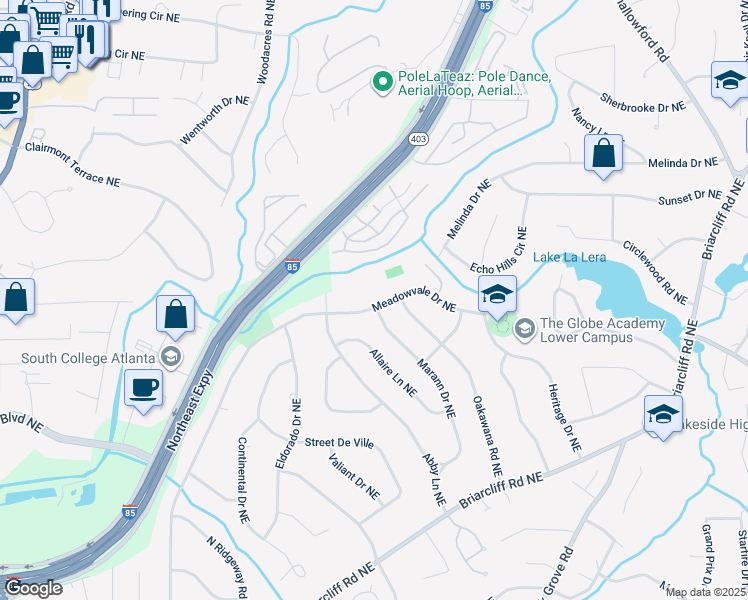 map of restaurants, bars, coffee shops, grocery stores, and more near 2246 Meadowvale Drive Northeast in Atlanta