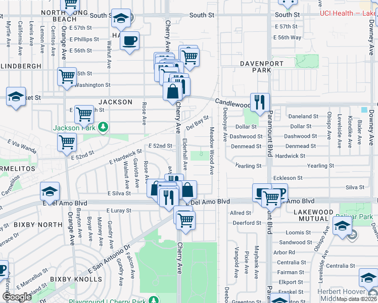 map of restaurants, bars, coffee shops, grocery stores, and more near 5158 Elderhall Avenue in Lakewood