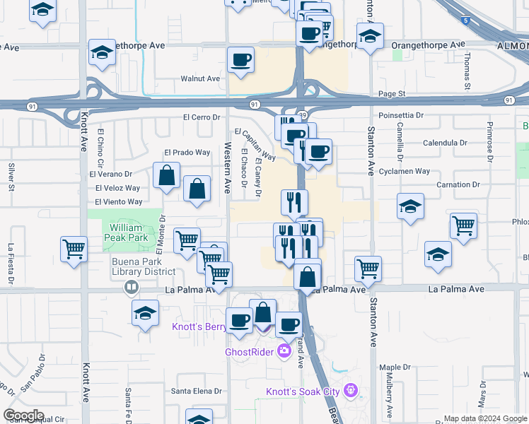map of restaurants, bars, coffee shops, grocery stores, and more near 7733 Beach Boulevard in Buena Park