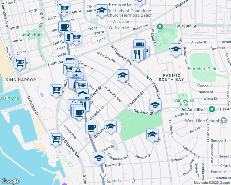 map of restaurants, bars, coffee shops, grocery stores, and more near 602 North Juanita Avenue in Redondo Beach