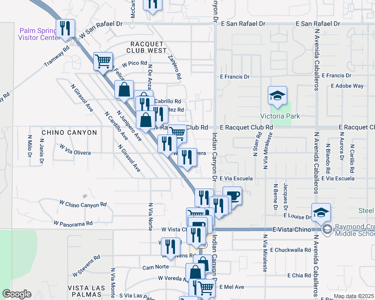 map of restaurants, bars, coffee shops, grocery stores, and more near 200 West Vía Olivera in Palm Springs