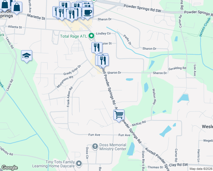 map of restaurants, bars, coffee shops, grocery stores, and more near 4294 Austell Powder Springs Road Southwest in Powder Springs