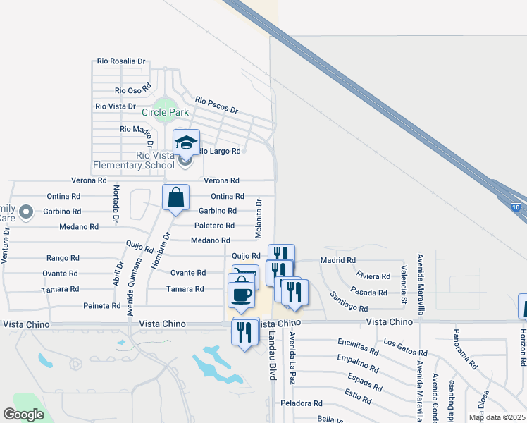 map of restaurants, bars, coffee shops, grocery stores, and more near 27180 Melanita Drive in Cathedral City