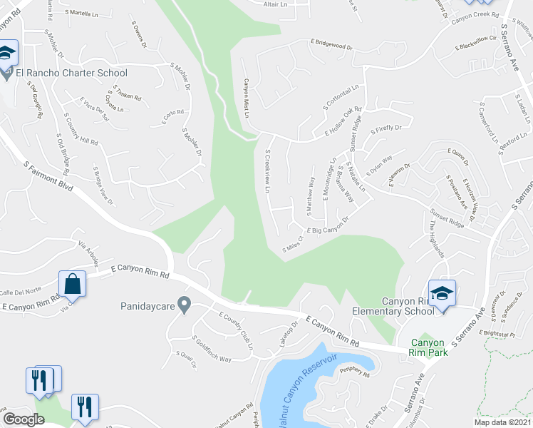 map of restaurants, bars, coffee shops, grocery stores, and more near 999 South Creekview Lane in Anaheim