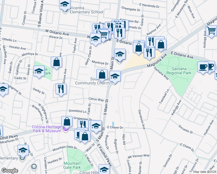 map of restaurants, bars, coffee shops, grocery stores, and more near South Main Street in Corona