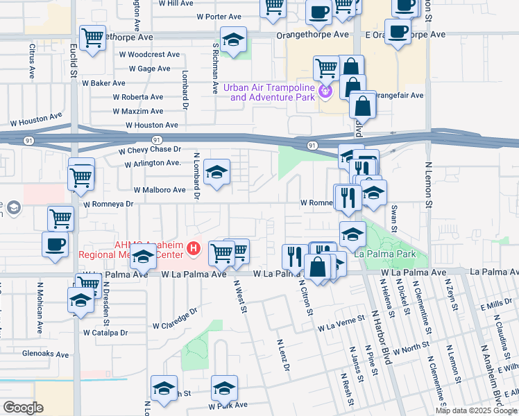 map of restaurants, bars, coffee shops, grocery stores, and more near 906 West Romneya Drive in Anaheim