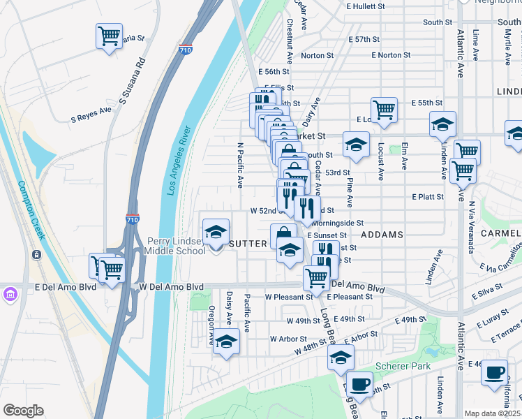 map of restaurants, bars, coffee shops, grocery stores, and more near 45 West 52nd Street in Long Beach