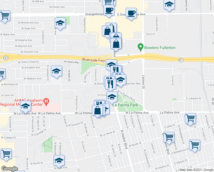 map of restaurants, bars, coffee shops, grocery stores, and more near 520 W Romneya Dr in Anaheim