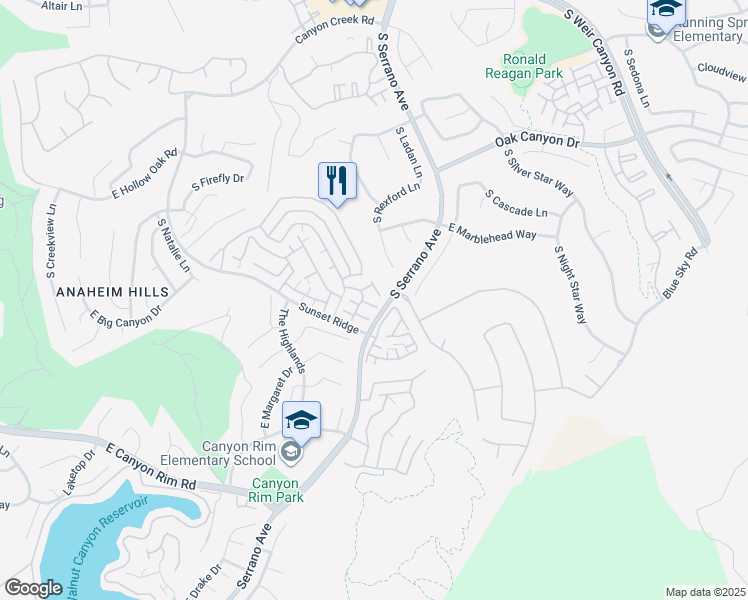 map of restaurants, bars, coffee shops, grocery stores, and more near 8035 East Treeview Court in Anaheim
