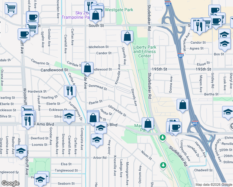 map of restaurants, bars, coffee shops, grocery stores, and more near 5032 Knoxville Avenue in Lakewood