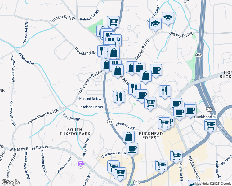 map of restaurants, bars, coffee shops, grocery stores, and more near 3443 Landen Pine Court NorthEast in Atlanta