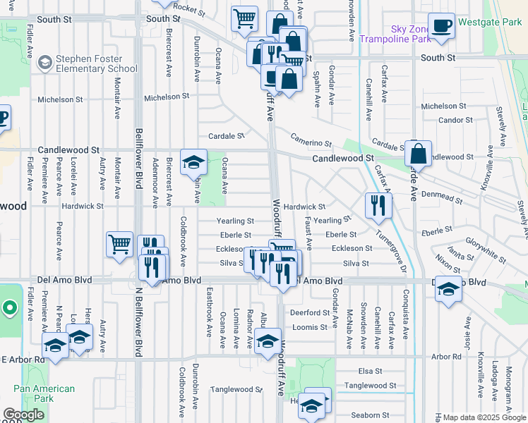 map of restaurants, bars, coffee shops, grocery stores, and more near 5868 Hardwick Street in Lakewood