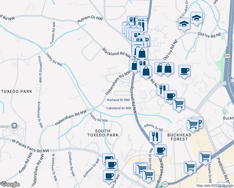 map of restaurants, bars, coffee shops, grocery stores, and more near 91 Karland Drive Northwest in Atlanta