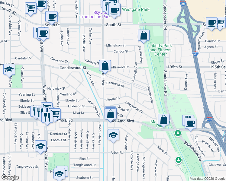 map of restaurants, bars, coffee shops, grocery stores, and more near 6438 Hardwick Street in Lakewood