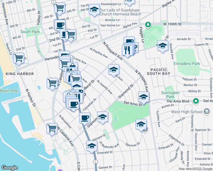 map of restaurants, bars, coffee shops, grocery stores, and more near 602 North Juanita Avenue in Redondo Beach