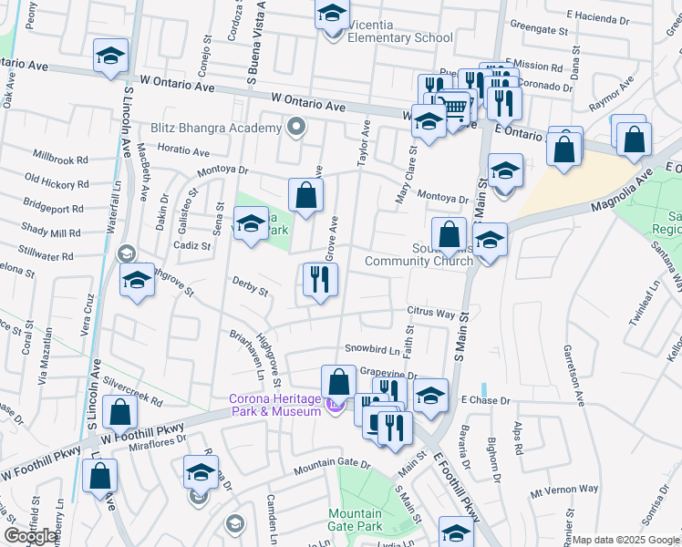 map of restaurants, bars, coffee shops, grocery stores, and more near 2610 Taylor Avenue in Corona