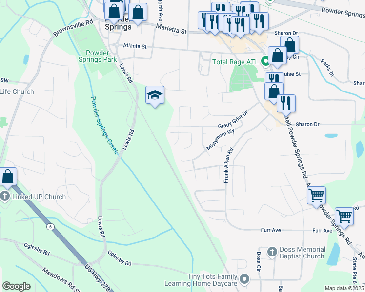 map of restaurants, bars, coffee shops, grocery stores, and more near 4219 Morningside Way in Powder Springs