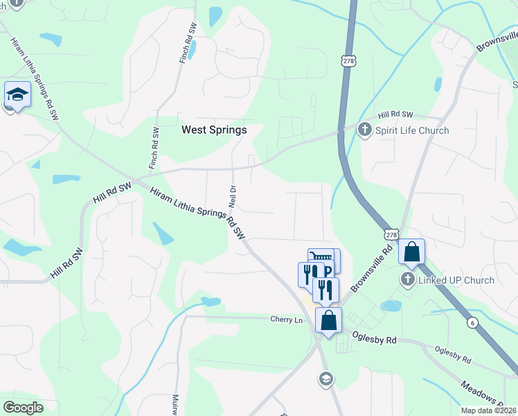 map of restaurants, bars, coffee shops, grocery stores, and more near 5174 Pat Wiley Drive in Powder Springs