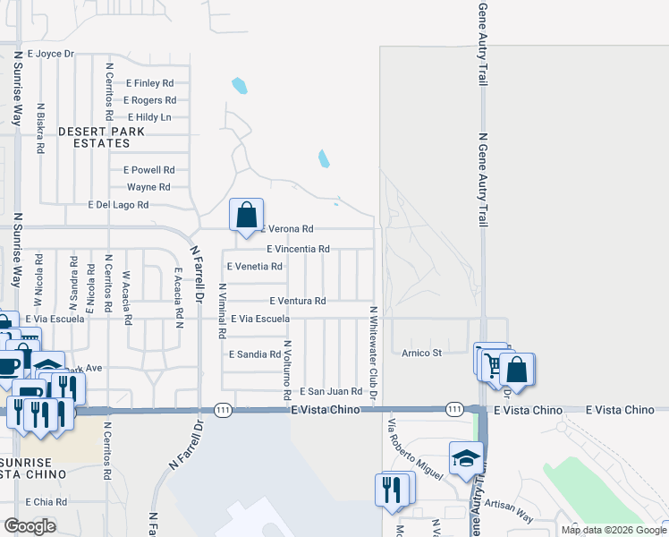 map of restaurants, bars, coffee shops, grocery stores, and more near 2332 North San Clemente Road in Palm Springs