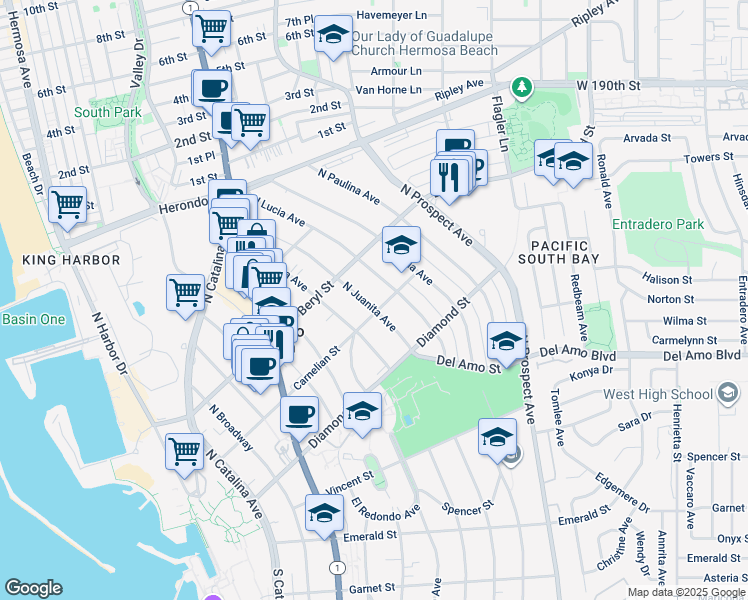 map of restaurants, bars, coffee shops, grocery stores, and more near 606 North Juanita Avenue in Redondo Beach