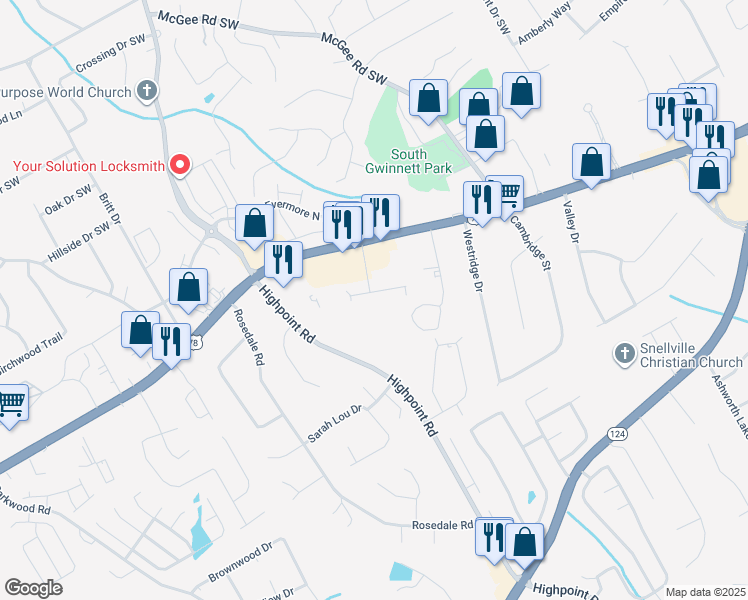 map of restaurants, bars, coffee shops, grocery stores, and more near 3082 Destin Circle in Snellville