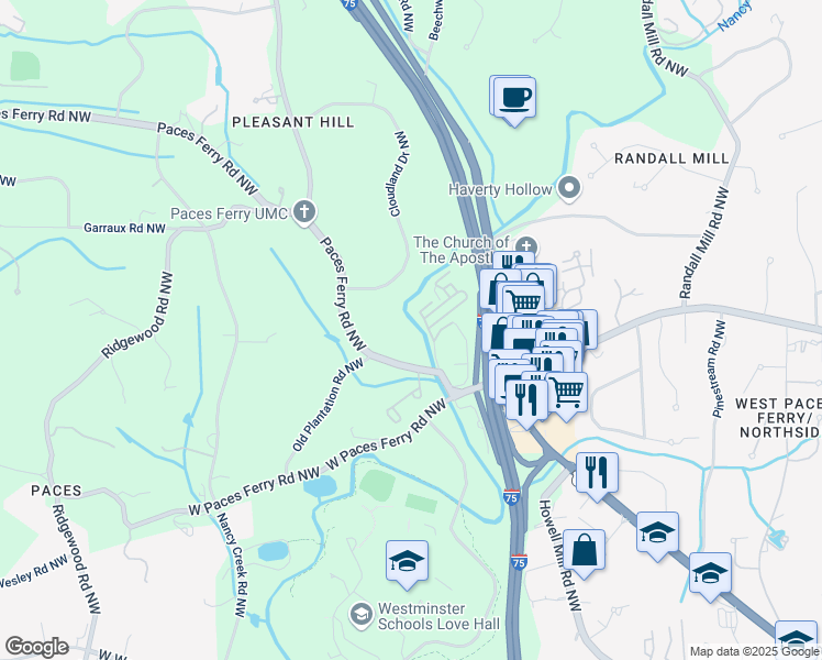 map of restaurants, bars, coffee shops, grocery stores, and more near 2608 Paces Place Northwest in Atlanta