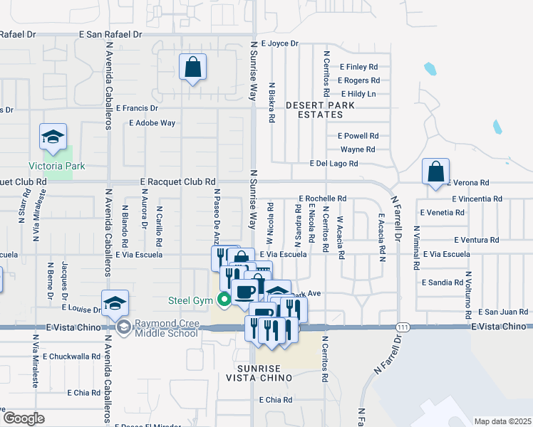 map of restaurants, bars, coffee shops, grocery stores, and more near 2315 East Nicola Road in Palm Springs