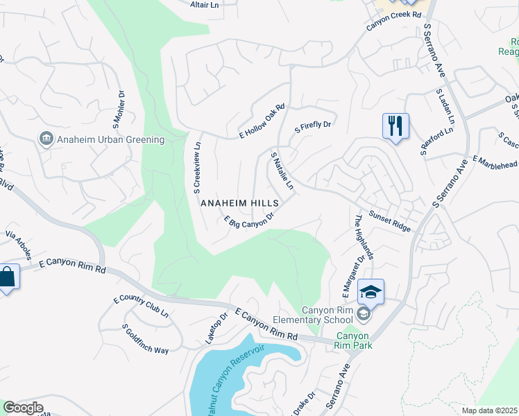 map of restaurants, bars, coffee shops, grocery stores, and more near 937 South Nicole Way in Anaheim