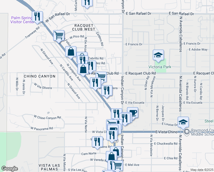 map of restaurants, bars, coffee shops, grocery stores, and more near 200 West Vía Olivera in Palm Springs