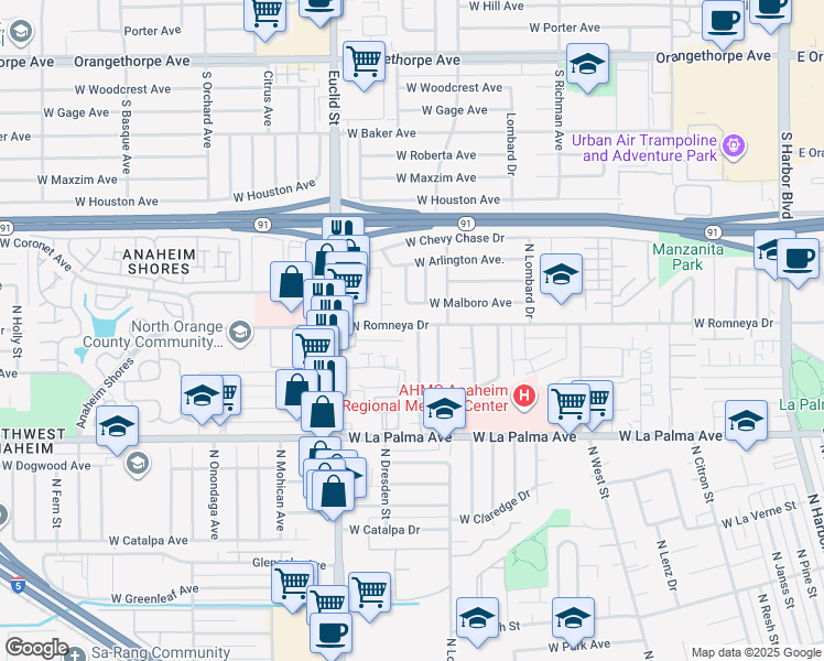 map of restaurants, bars, coffee shops, grocery stores, and more near 1197 North Arbor Street in Anaheim