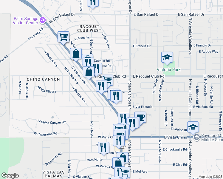 map of restaurants, bars, coffee shops, grocery stores, and more near 272 West Vía Olivera in Palm Springs