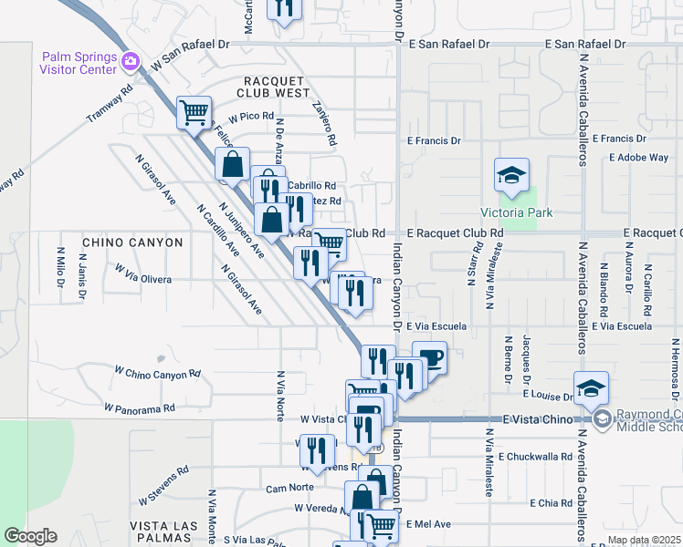 map of restaurants, bars, coffee shops, grocery stores, and more near 230 West Vía Olivera in Palm Springs