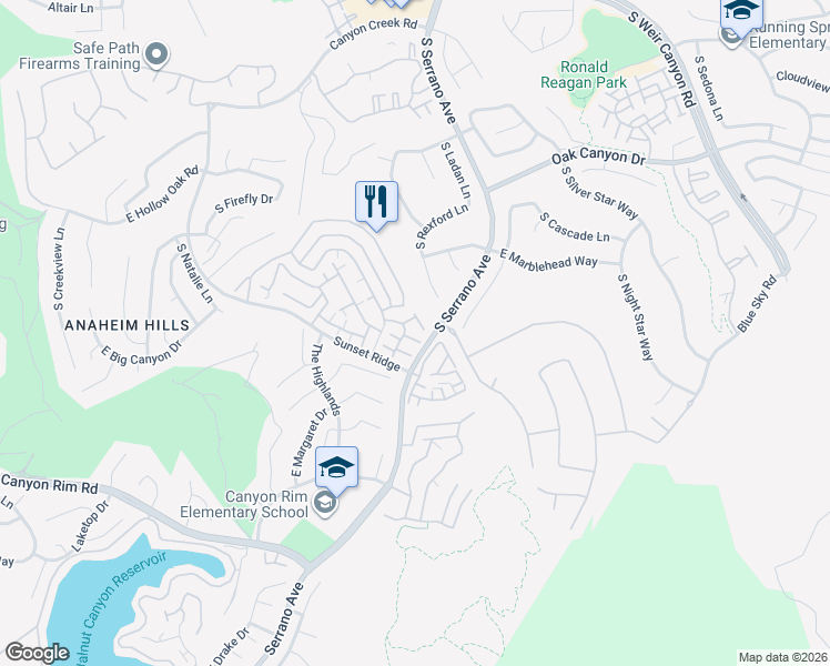 map of restaurants, bars, coffee shops, grocery stores, and more near 8075 East Treeview Court in Anaheim