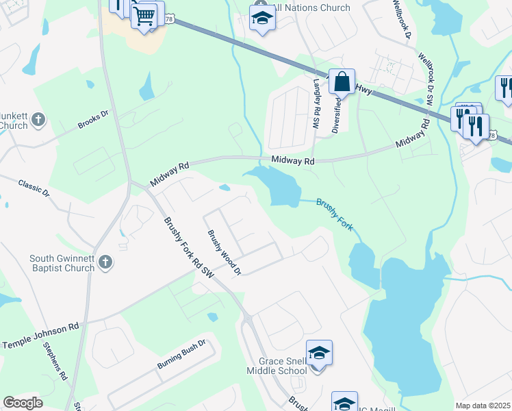 map of restaurants, bars, coffee shops, grocery stores, and more near 3455 Brushy Wood Drive in Loganville