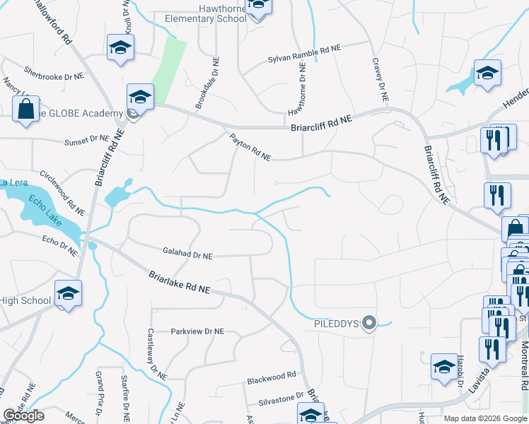 map of restaurants, bars, coffee shops, grocery stores, and more near 2844 Guinevere Drive in Atlanta