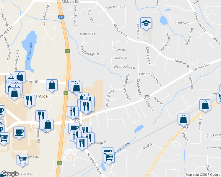 map of restaurants, bars, coffee shops, grocery stores, and more near 2242 Winding Way in Tucker
