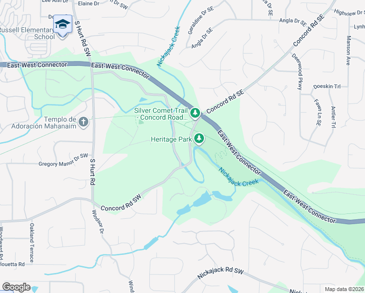 map of restaurants, bars, coffee shops, grocery stores, and more near 20 Concord Road Southeast in Smyrna