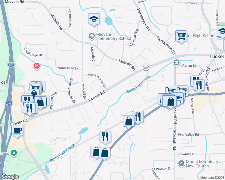 map of restaurants, bars, coffee shops, grocery stores, and more near 4575 Lavista Road in Tucker