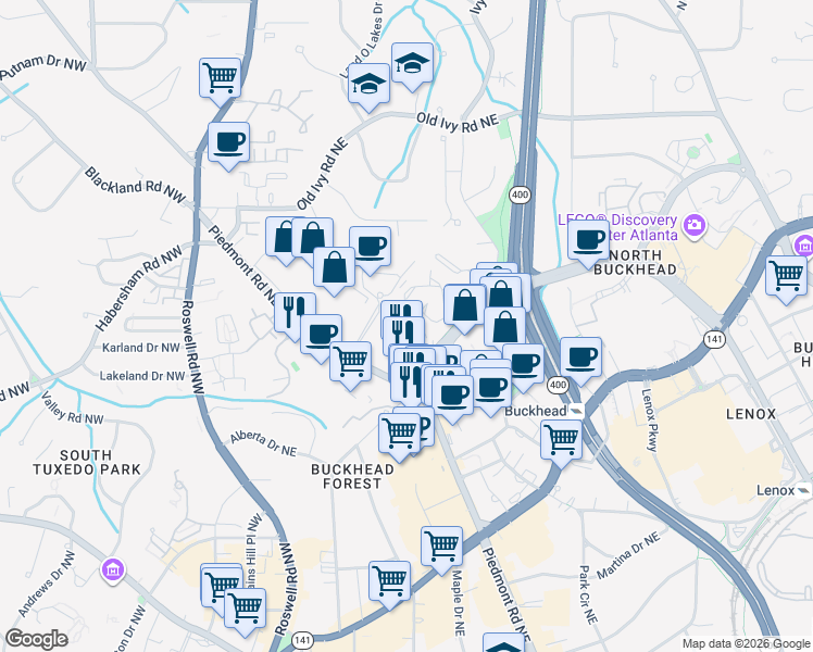 map of restaurants, bars, coffee shops, grocery stores, and more near 3651 Lenox Road Northeast in Atlanta