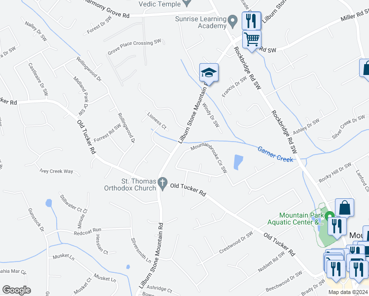 map of restaurants, bars, coffee shops, grocery stores, and more near 781 Mountainbrooke Circle Southwest in Stone Mountain